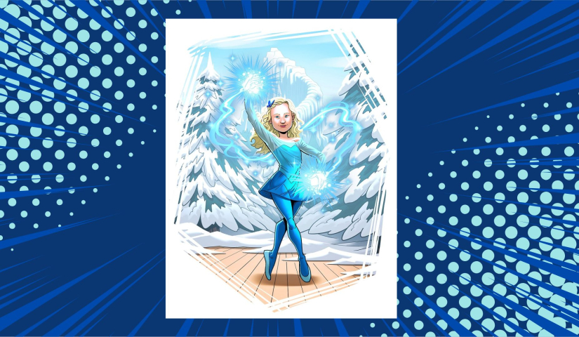An illustration of TrialNet hero Lilah Montgomery dances on a stage in a blue dress and tights. Light sparks from Lilah's fingertips as she creates a winter wonderland.