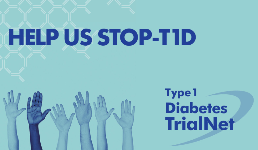 Raised hands appear from the bottom of the image with the text "HELP US STOP-T1D". The background of the image is pale green and contains Y-shaped autoantibodies arranged into the shape of a stop sign.