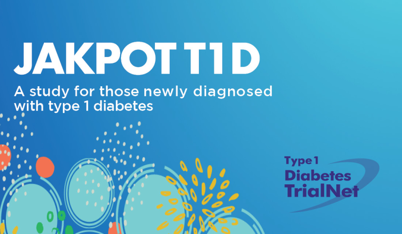 JAKPOT T1D is a study for those newly diagnosed with T1D. The background of the image is blue with bursts of color in the lower left side.
