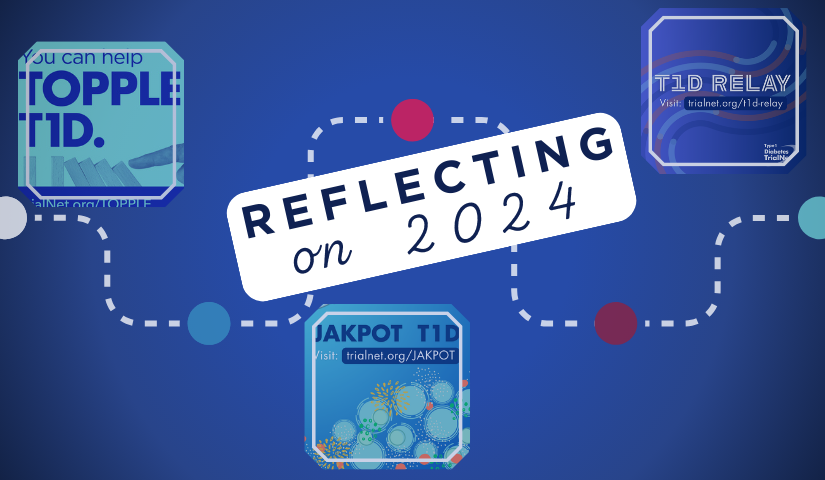 red blue and green graphic. Text reads "reflecting on 2024" and features artwork from the TOPPLE Study, T1D RELAY Study, and JAKPOT T1D study positioned on a timeline