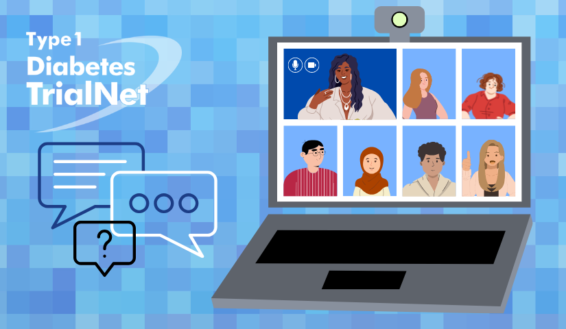 A cartoon image shows an open laptop with a video call screen. The image shows 7 cartoon people in the video call in various states of speaking or listening.