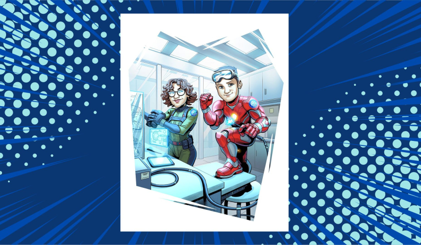 An illustration of TrialNet heroes Owen and Ella in a lab. Ella uses a tablet to plan a mission and pack supplies while Owen repairs knee armor on his red super suit.