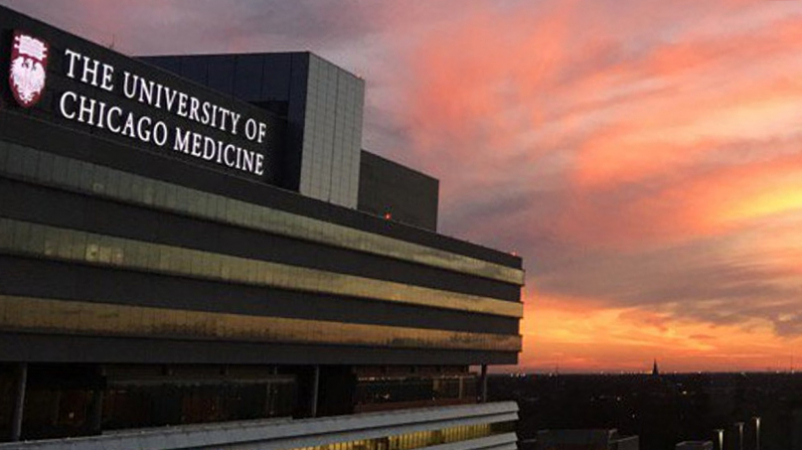 External view of the University of Chicago Medicine building during sunset