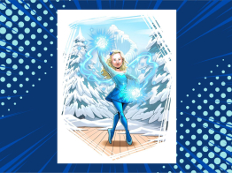 An illustration of TrialNet hero Lilah Montgomery dances on a stage in a blue dress and tights. Light sparks from Lilah's fingertips as she creates a winter wonderland.