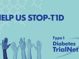 Raised hands appear from the bottom of the image with the text "HELP US STOP-T1D". The background of the image is pale green and contains Y-shaped autoantibodies arranged into the shape of a stop sign.