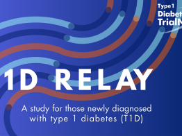 The text reads T1D RELAY a study for those newly diagnsoed with type 1 diabetes. Segments of light blue, dark blue and red lines run diagonally in the background.