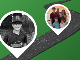 2 photos positioned along a road. First photo is Elliot in a baseball uniform. Second photo is Elliot's parents and siblings aboard a cruise ship.