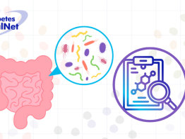 Image of intestines with a cropped circle showing a close up view of microrganisms in the microbiome. There is also another cropped circle with a magnifying glass examining data. TrialNet logo is in the top left corner.
