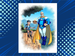 An illustration of TrialNet hero Tim Garman flying in the air wearing a blue super suit and golden cape. Tim is holding out his award-winning cinnamon raisin bread to a child.