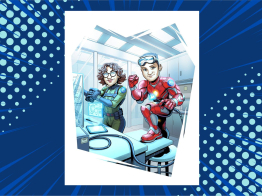 An illustration of TrialNet heroes Owen and Ella in a lab. Ella uses a tablet to plan a mission and pack supplies while Owen repairs knee armor on his red super suit.